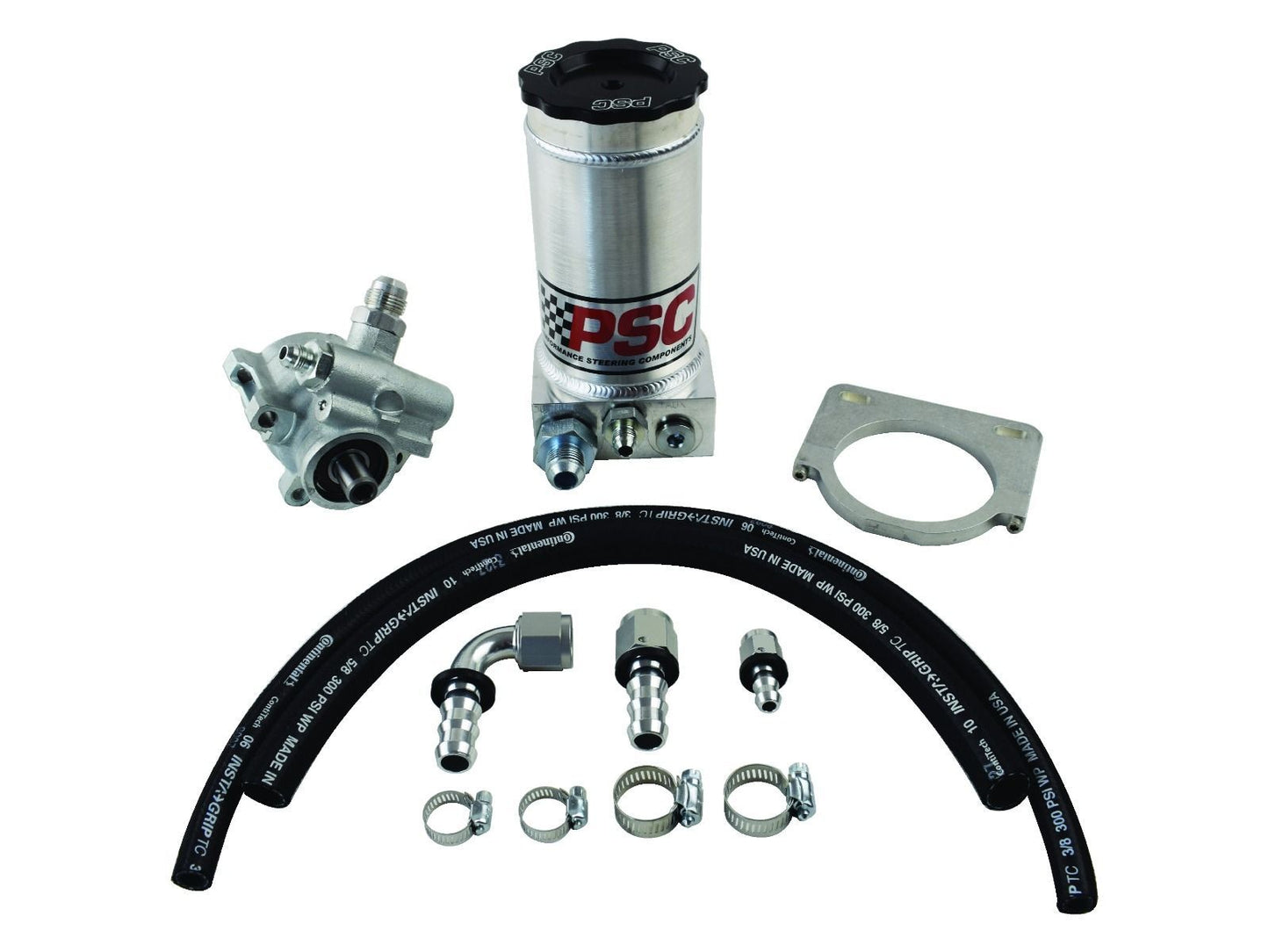 PSC pump system components including a reservoir, pump, hose and clamps on a white background.