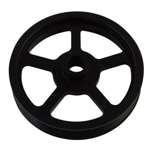 Black metal pulley wheel on a white background.