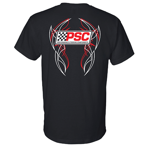 Back of a black t-shirt with PSC logo surrounded with red and white pinstripes/tribal artwork. 