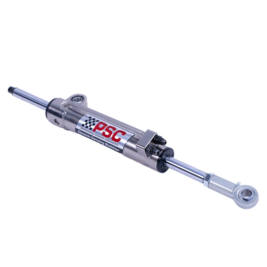 A PSC brand chrome-plated hydraulic power steering cylinder with a red and white logo label, shown on a solid white background.