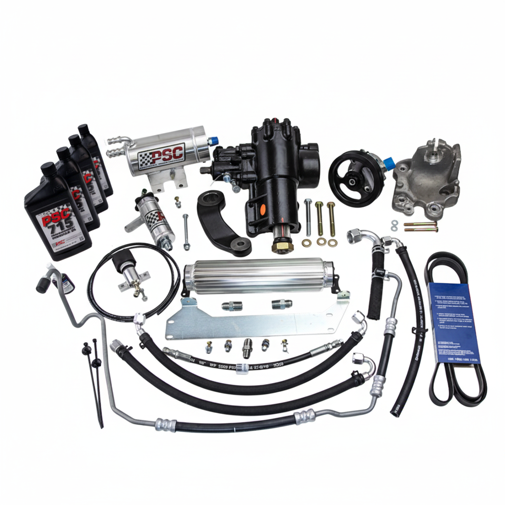 Collection of automotive parts including hoses, pumps, and metal components on a white background