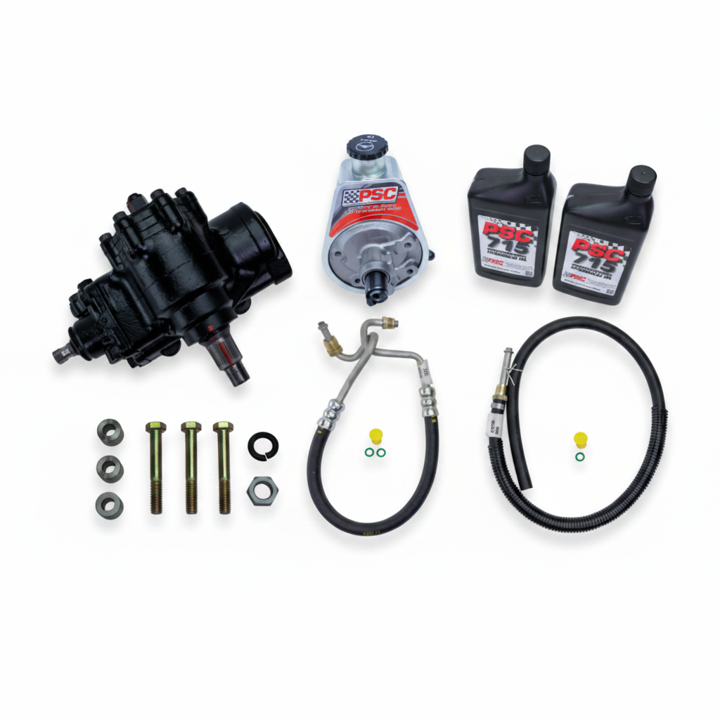 Collection of steering parts including a black gear, PSC pump, two black bottles of PSC 715 fluid, hardware and two hoses.