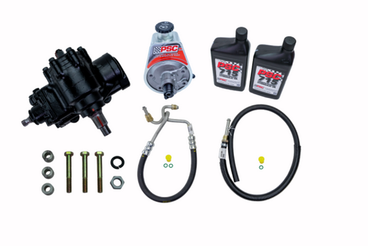 Collection of steering parts including a black gear, PSC pump, two black bottles of PSC 715 fluid, hardware and two hoses.