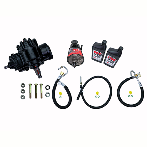 Complete BIG BORE XD® steering kit for Dodge Ram 2500 and 3500 trucks from 1997 to 2002 shown with a black steering gear, PSC power steering pump, two bottles of PSC steering fluid, high pressure and return hoses, hardware and O-rings laid out on a white background.