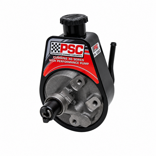 PSC Cummins XD Series High Performance Pump in black and silver with a red and white label, isolated on a white background.