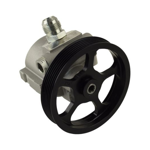 Power steering pump for JK 3.6L and JL3.6L non-eTorque with pulley installed set on a white background.