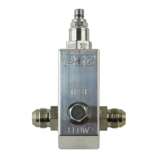 Metal valve with 'PSC' branding on a white background