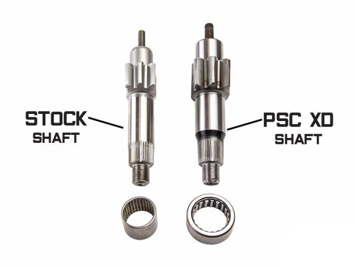 Comparison of 'Stock Shaft' and 'PSC XD Shaft' with additional components on a white background.