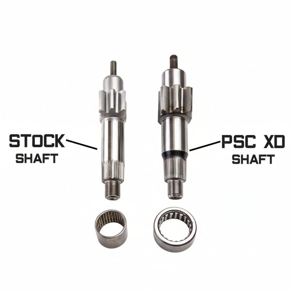 Comparison of stock shaft and PSC XD shaft with labeled parts on a white background.