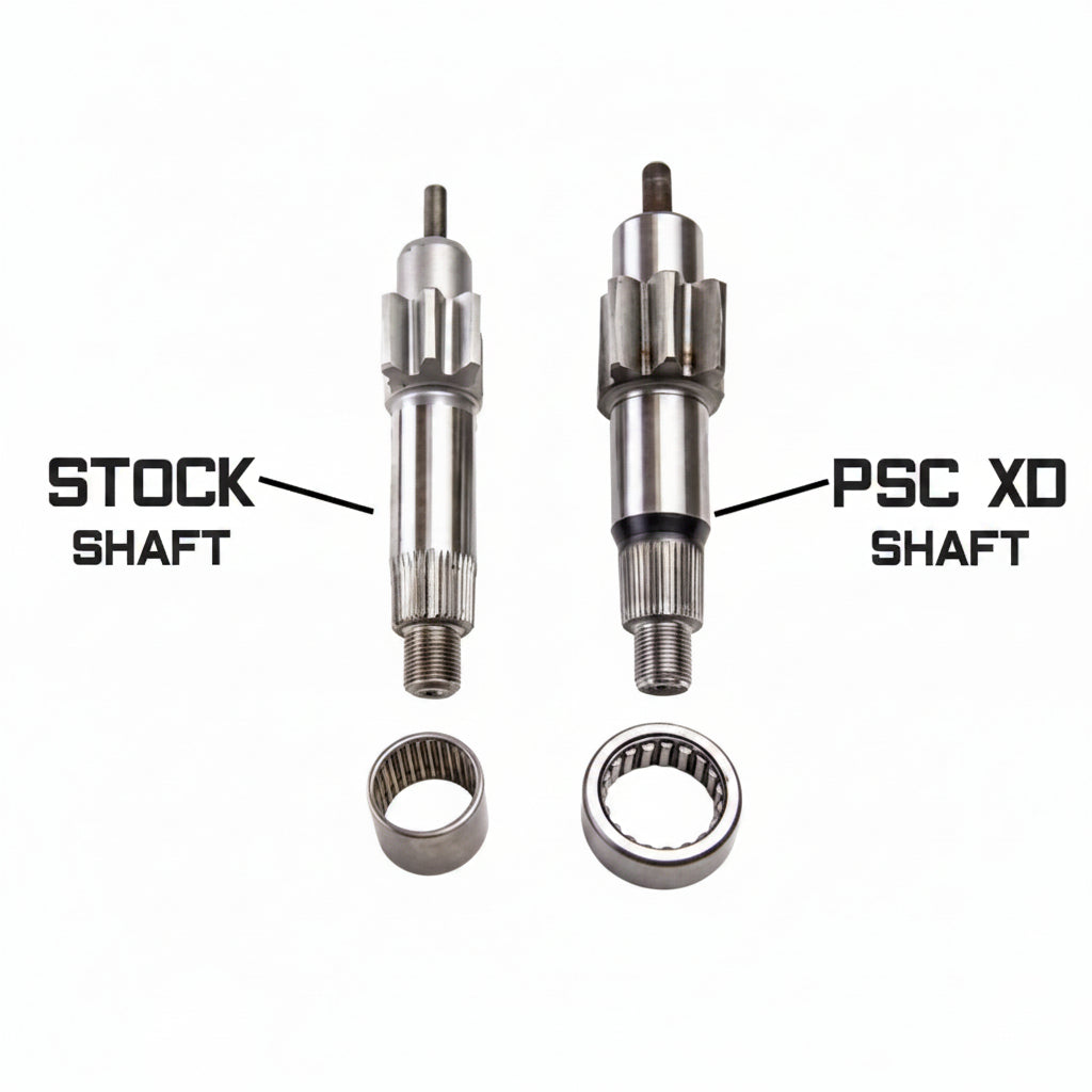 Comparison of stock shaft and PSC XD shaft with labeled parts on a white background.