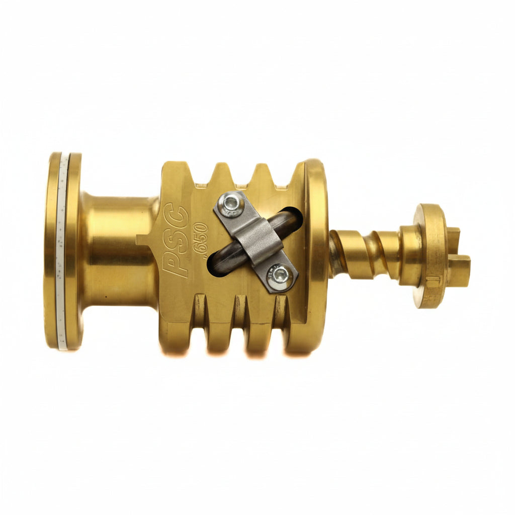 Brass mechanical component with visible branding on a white background