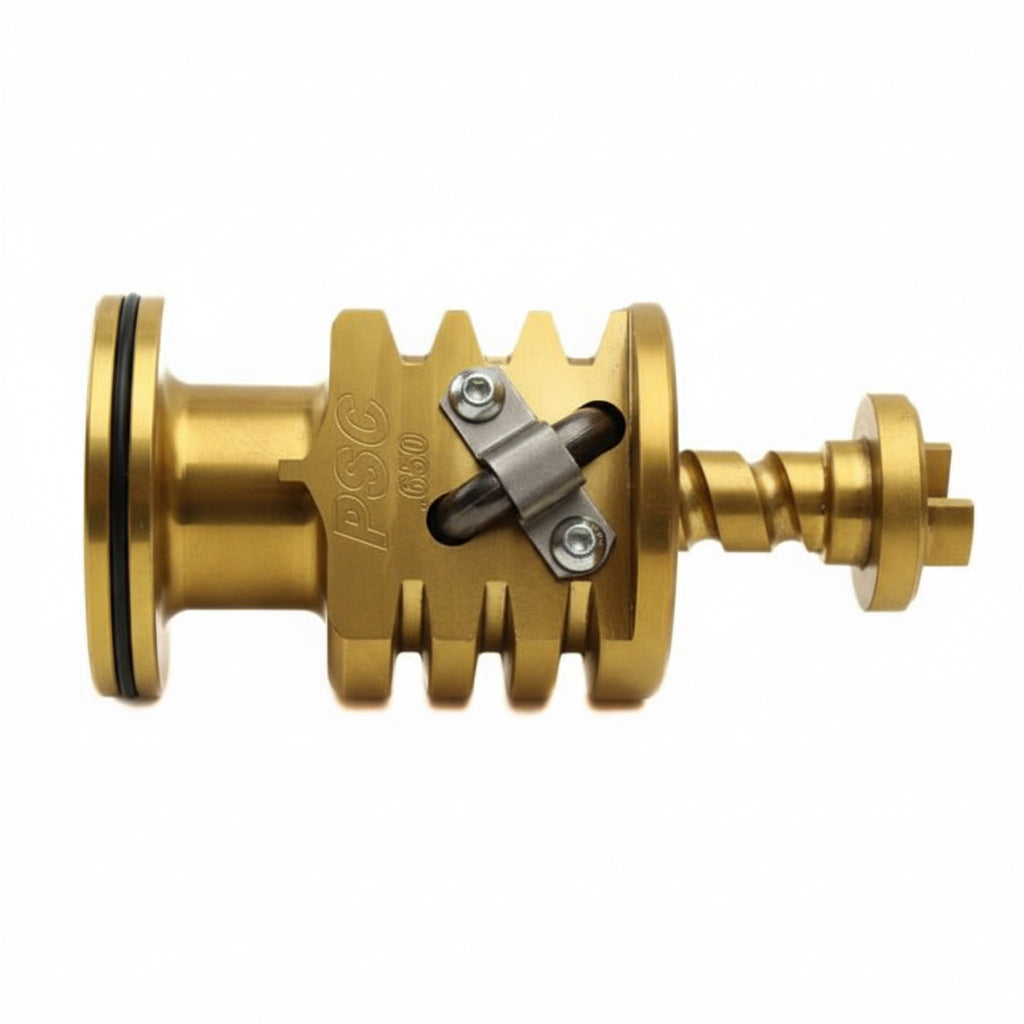Gold mechanical component with 'PSC' branding on a white background