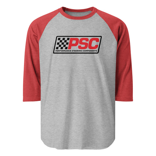 Mock up of a baseball style shirt with red sleeves and heathered grey center and the classic PSC logo centered on the chest on a white background. 