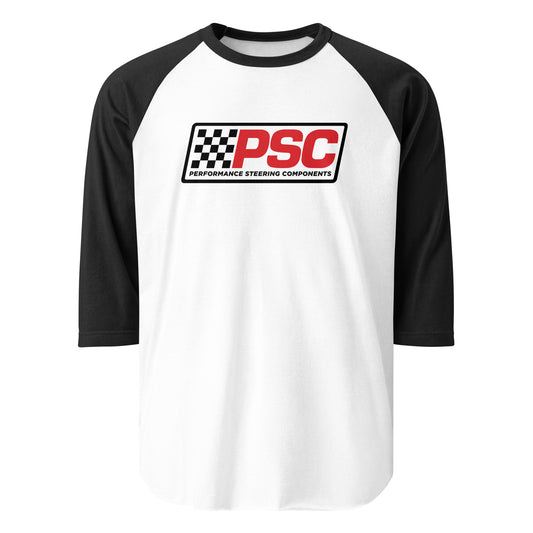 Mock up of a baseball style shirt with black sleeves and the classic PSC logo centered on the chest on a white background. 