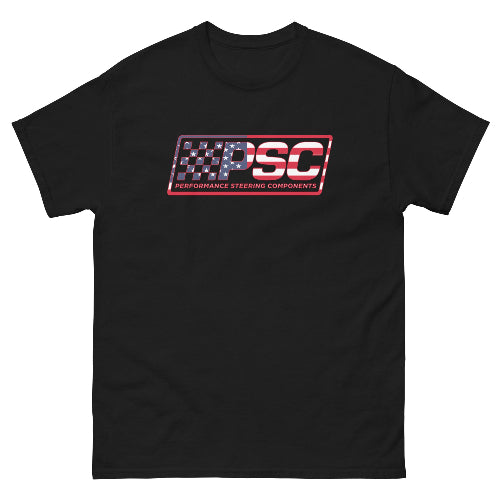 Black unisex t-shirt with PSC logo and flag overlay with red border, shown on a white background. 