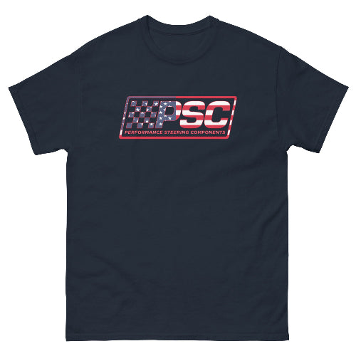 Navy blue unisex t-shirt with PSC logo and flag overlay with red border, shown on a white background. 