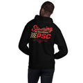 Product mockup of a man wearing a black unisex hoodie with sleeve ends and a on a white background. 