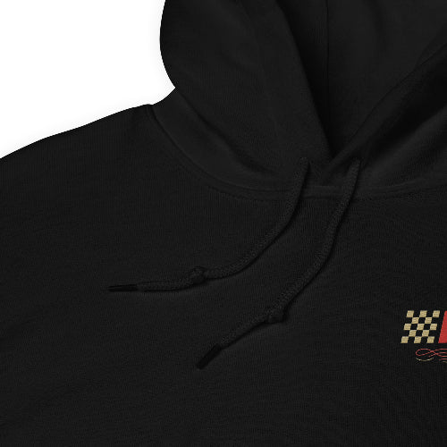 Product mockup - close up shot of a black unisex hoodie with vintage PSC logo on a white background. 