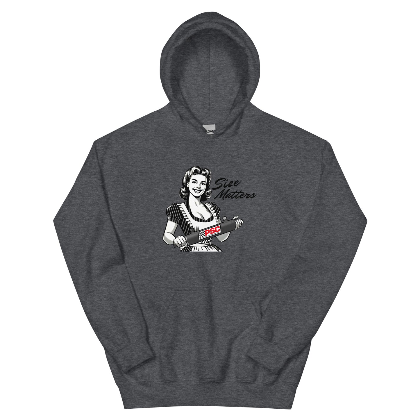 Dark heather grey pullover hoodie shown from the front featuring a retro pinup-style illustrated woman holding a PSC steering cylinder with the phrase “Size Matters” printed above the graphic and a PSC logo on the cylinder. 