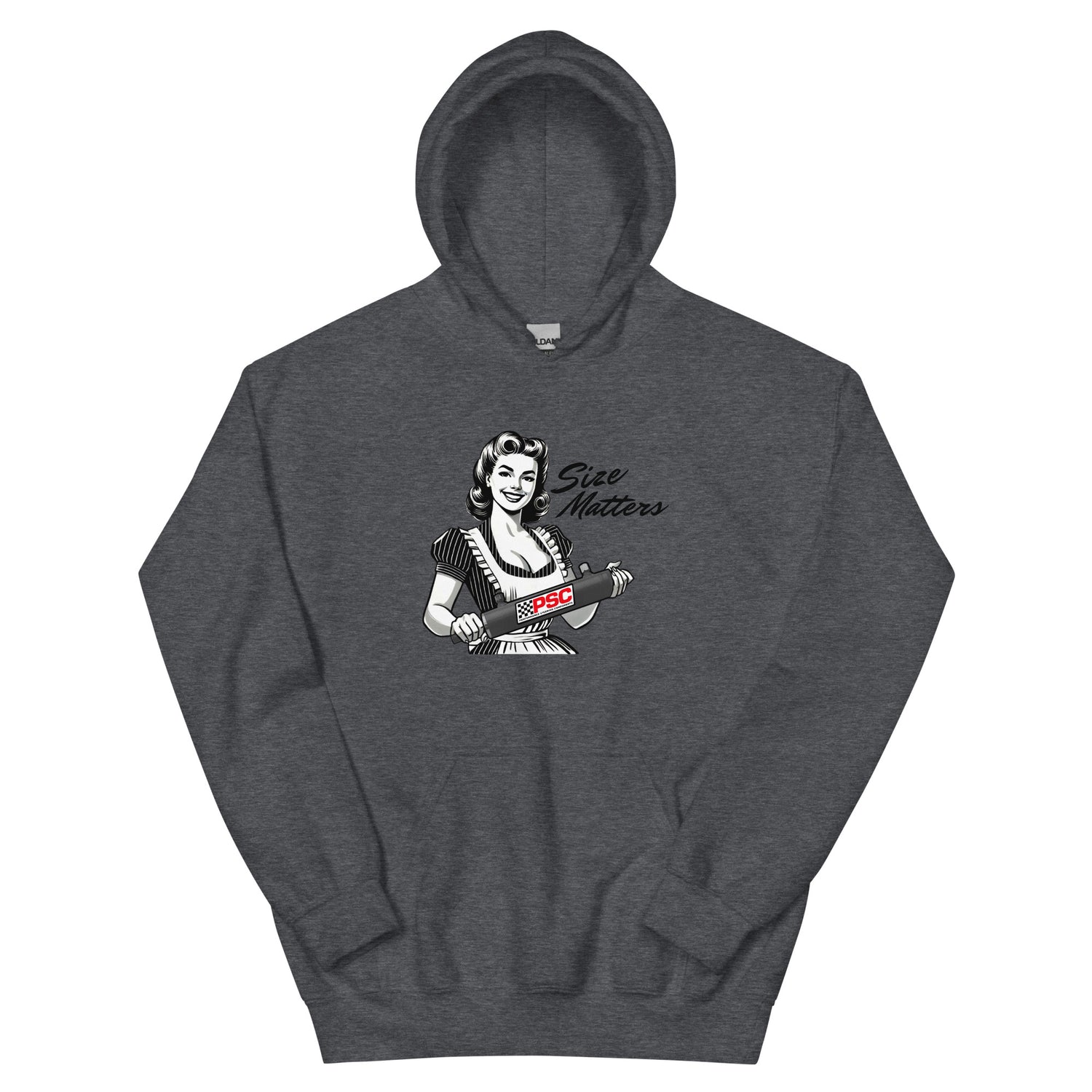 Dark heather grey pullover hoodie shown from the front featuring a retro pinup-style illustrated woman holding a PSC steering cylinder with the phrase “Size Matters” printed above the graphic and a PSC logo on the cylinder. 