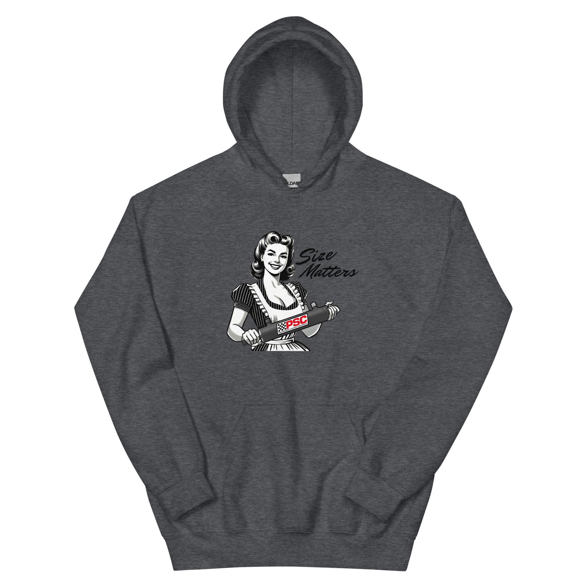 Dark heather grey pullover hoodie shown from the front featuring a retro pinup-style illustrated woman holding a PSC steering cylinder with the phrase “Size Matters” printed above the graphic and a PSC logo on the cylinder. 