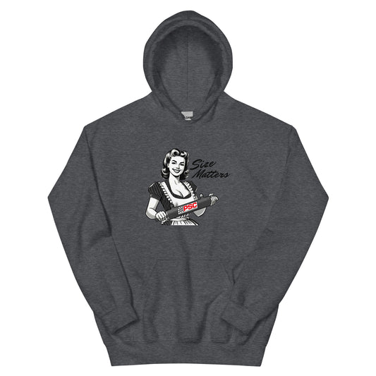 Dark heather grey pullover hoodie shown from the front featuring a retro pinup-style illustrated woman holding a PSC steering cylinder with the phrase “Size Matters” printed above the graphic and a PSC logo on the cylinder. 