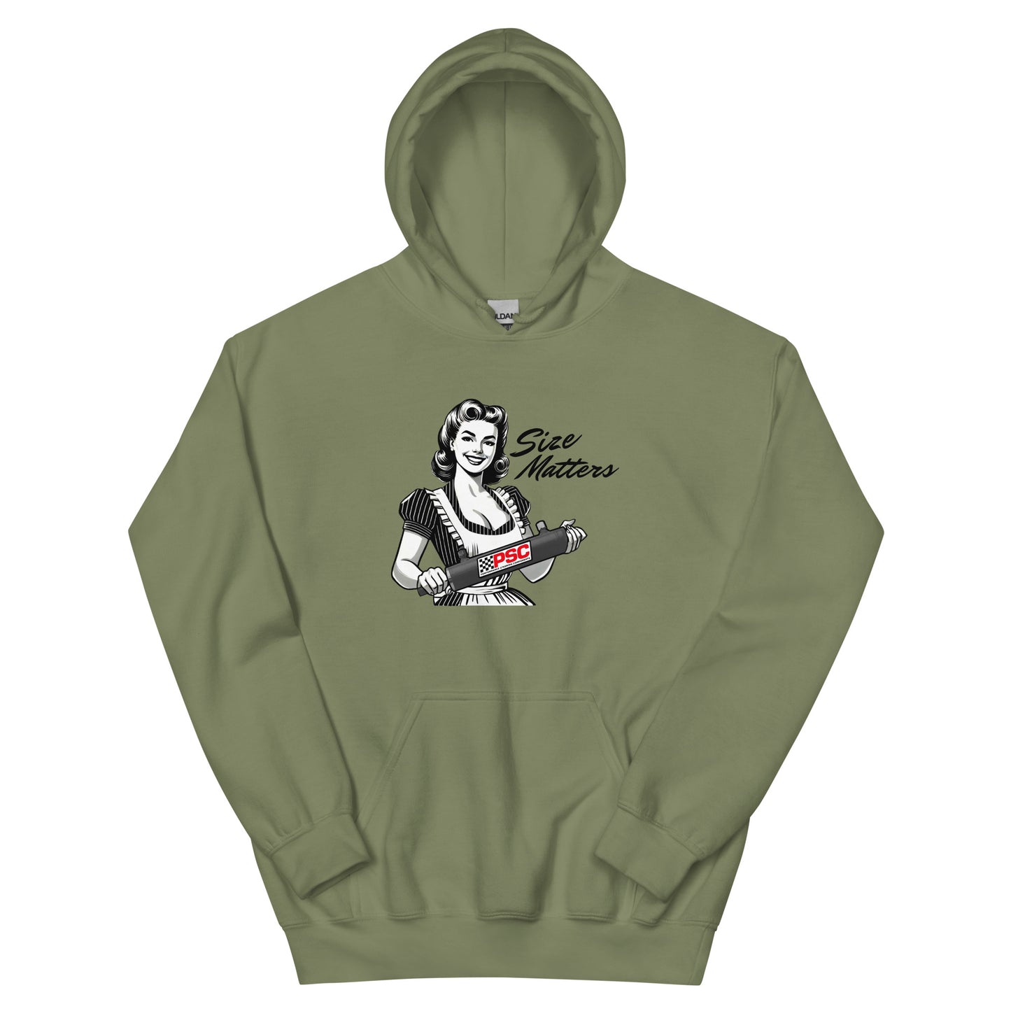 Military green pullover hoodie shown from the front featuring a retro pinup-style illustrated woman holding a PSC steering cylinder with the phrase “Size Matters” printed above the graphic and a PSC logo on the cylinder. 