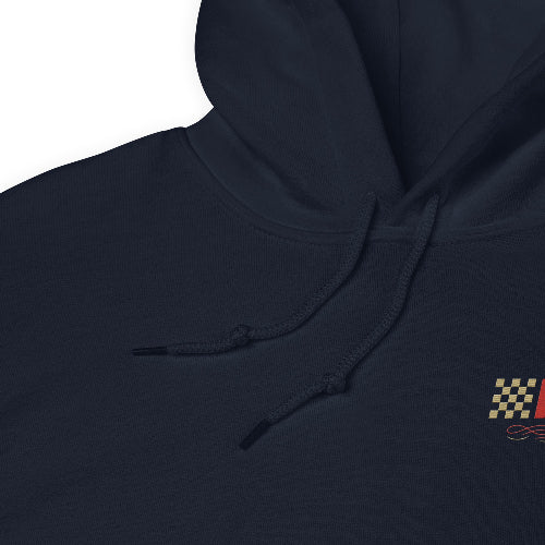Product mockup - close up shot of a navy unisex hoodie with vintage PSC logo on a white background. 