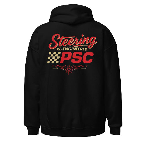 Product mockup shot of a black unisex hoodie with sleeve ends and a on a white background. 