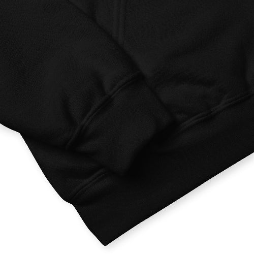 Product mockup - close up shot of a black unisex hoodie with sleeve ends and a on a white background. 