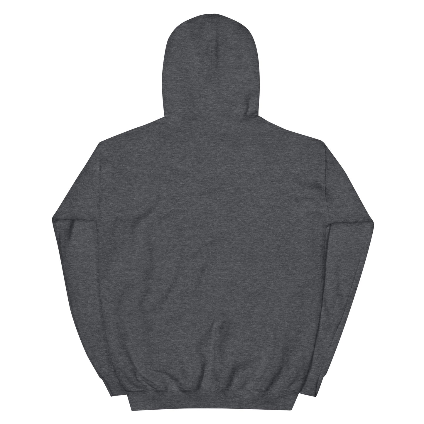 Dark heather grey pullover hoodie shown from the back with a plain solid white fabric surface and no visible graphics text or logos. The background behind the image is white. 