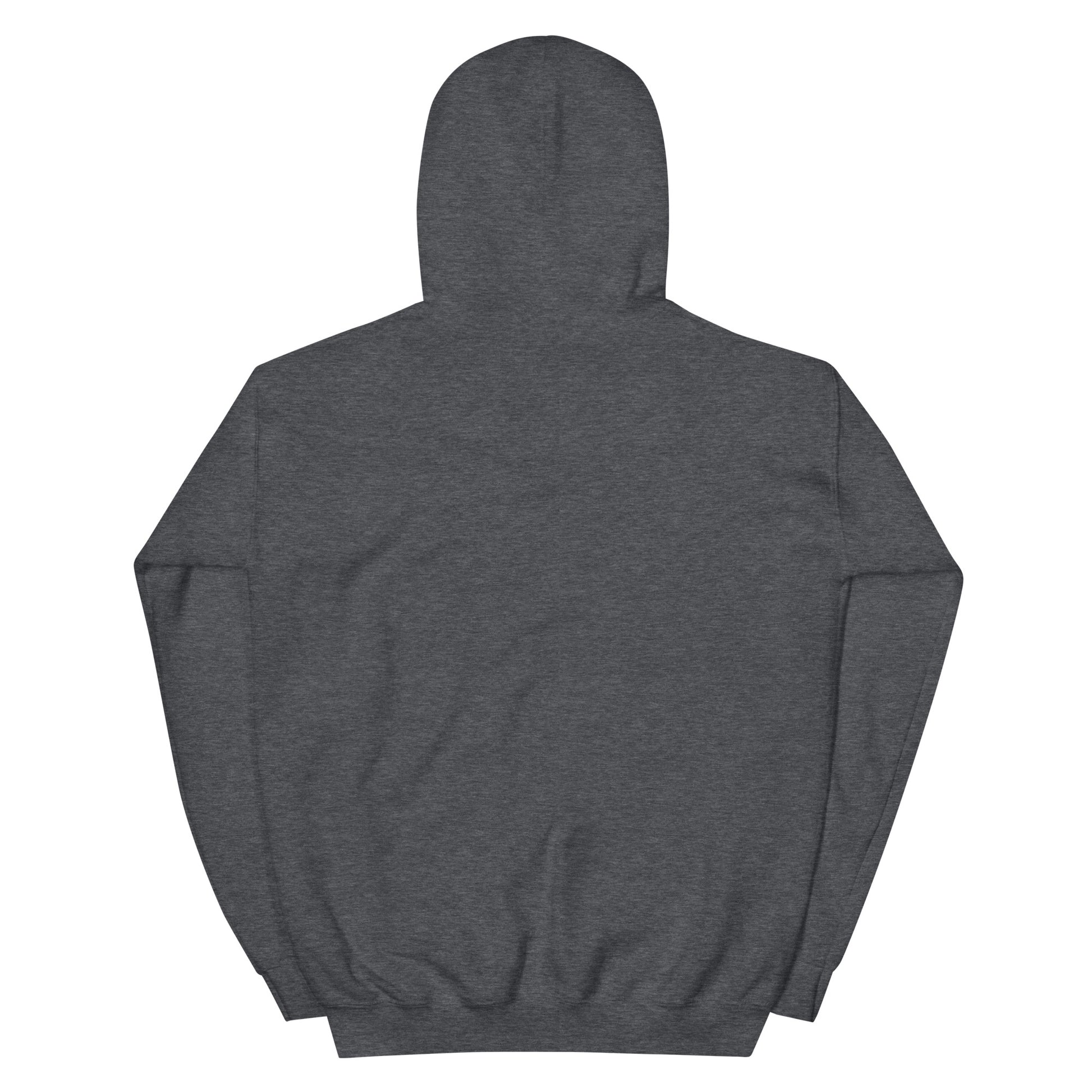 Dark heather grey pullover hoodie shown from the back with a plain solid white fabric surface and no visible graphics text or logos. The background behind the image is white. 
