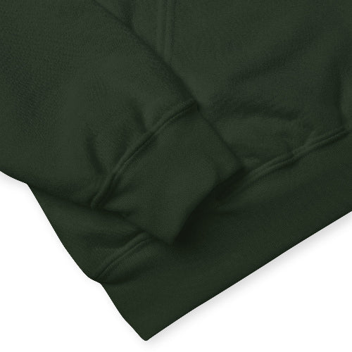 Product mockup - close up shot of a forest green unisex hoodie with sleeve ends and banding on a white background. 