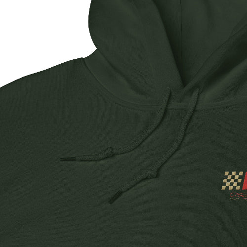 Product mockup - close up shot of a forest green unisex hoodie with vintage PSC logo on a white background. 