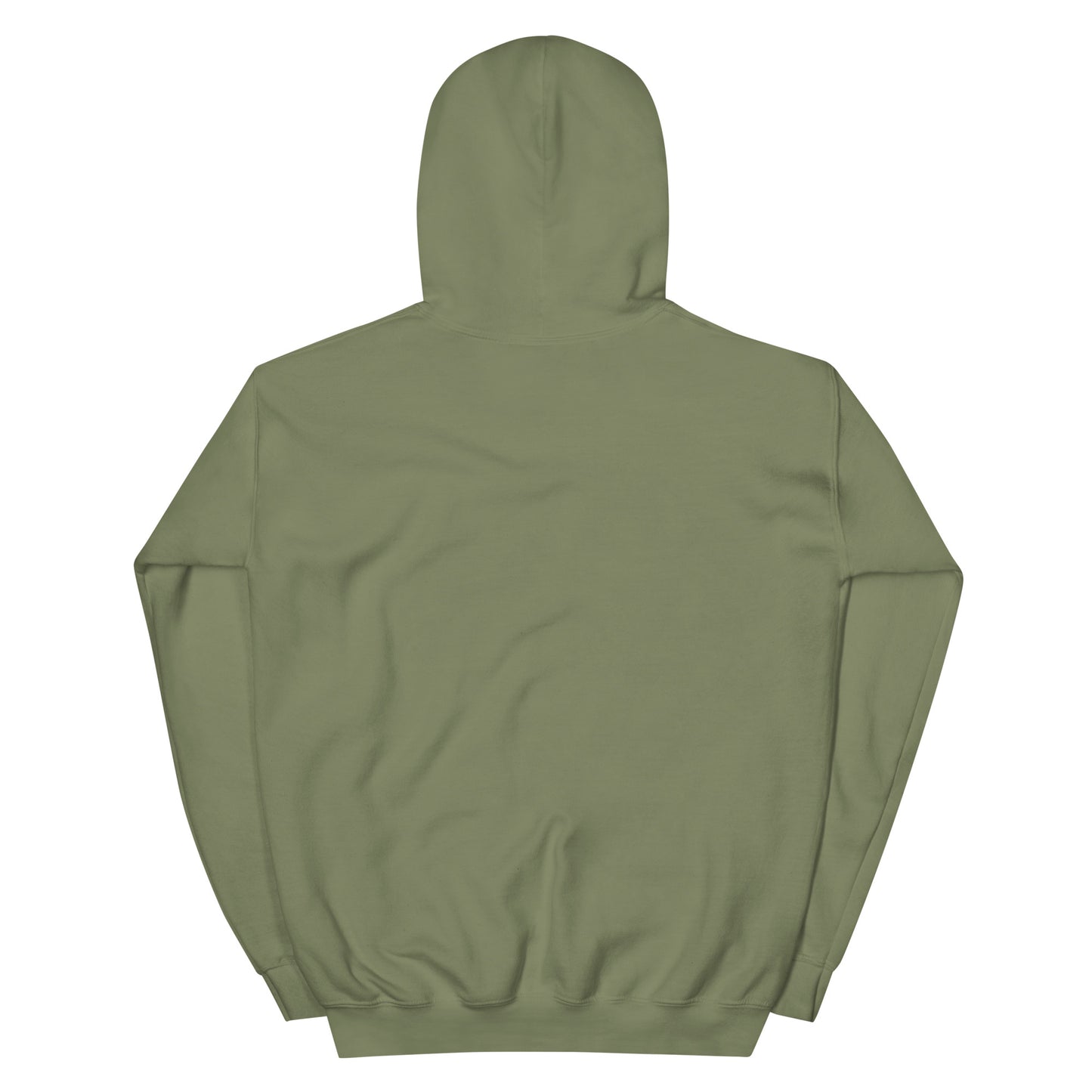 Military green pullover hoodie shown from the back with a plain solid white fabric surface and no visible graphics text or logos. The background behind the image is white. 