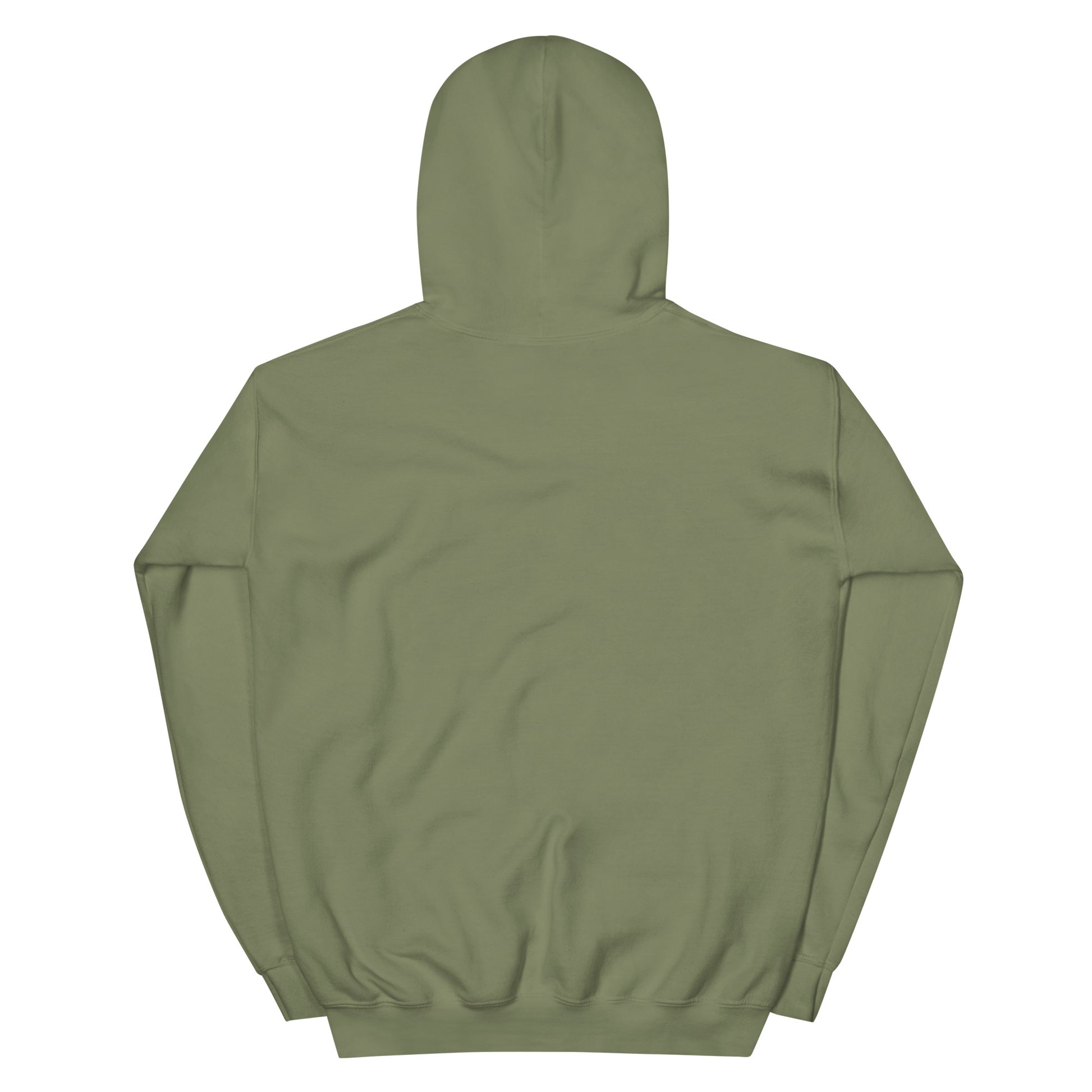 Military green pullover hoodie shown from the back with a plain solid white fabric surface and no visible graphics text or logos. The background behind the image is white. 