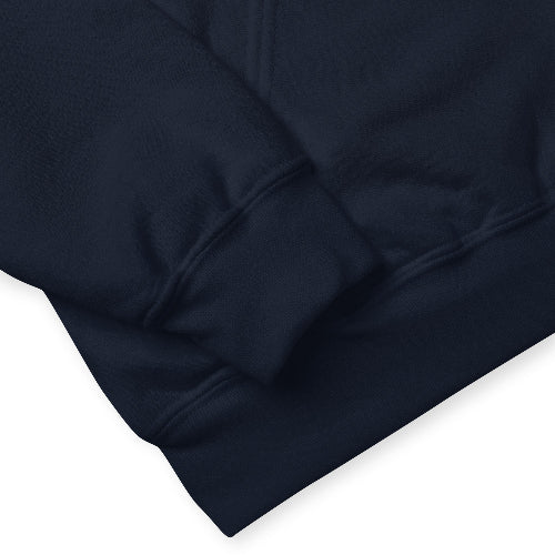 Product mockup - close up shot of a navy unisex hoodie with sleeve ends and banding on a white background. 