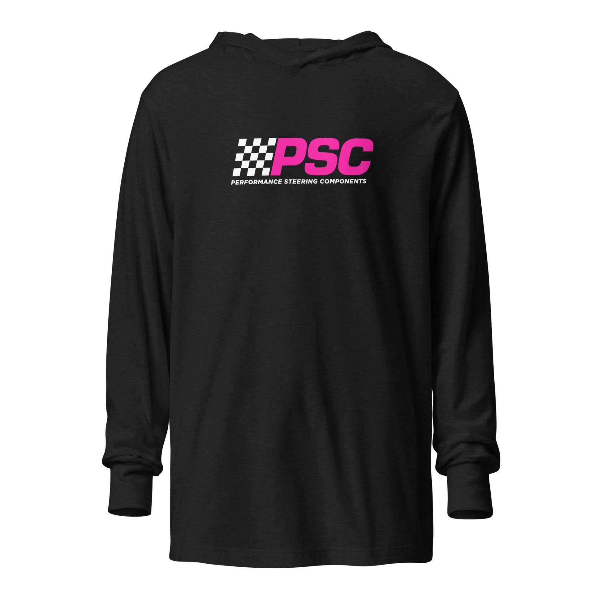 Front view of a charcoal grey unisex long-sleeve t-shirt with hood attached featuring PSC logo centered on the front. The “PSC” are in bold and bright pink with a white flag to the left with the words “Performance Steering Components” in white. 