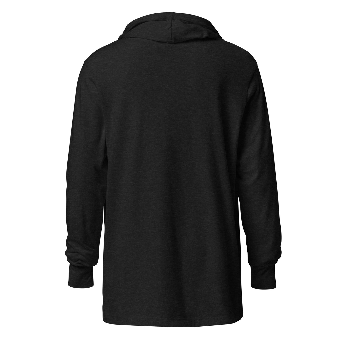 Back view of a heather charcoal unisex long-sleeve t-shirt with hood attached featuring PSC logo centered on the front. The “PSC” are in bold and bright pink with a white flag to the left with the words “Performance Steering Components” in white. 
