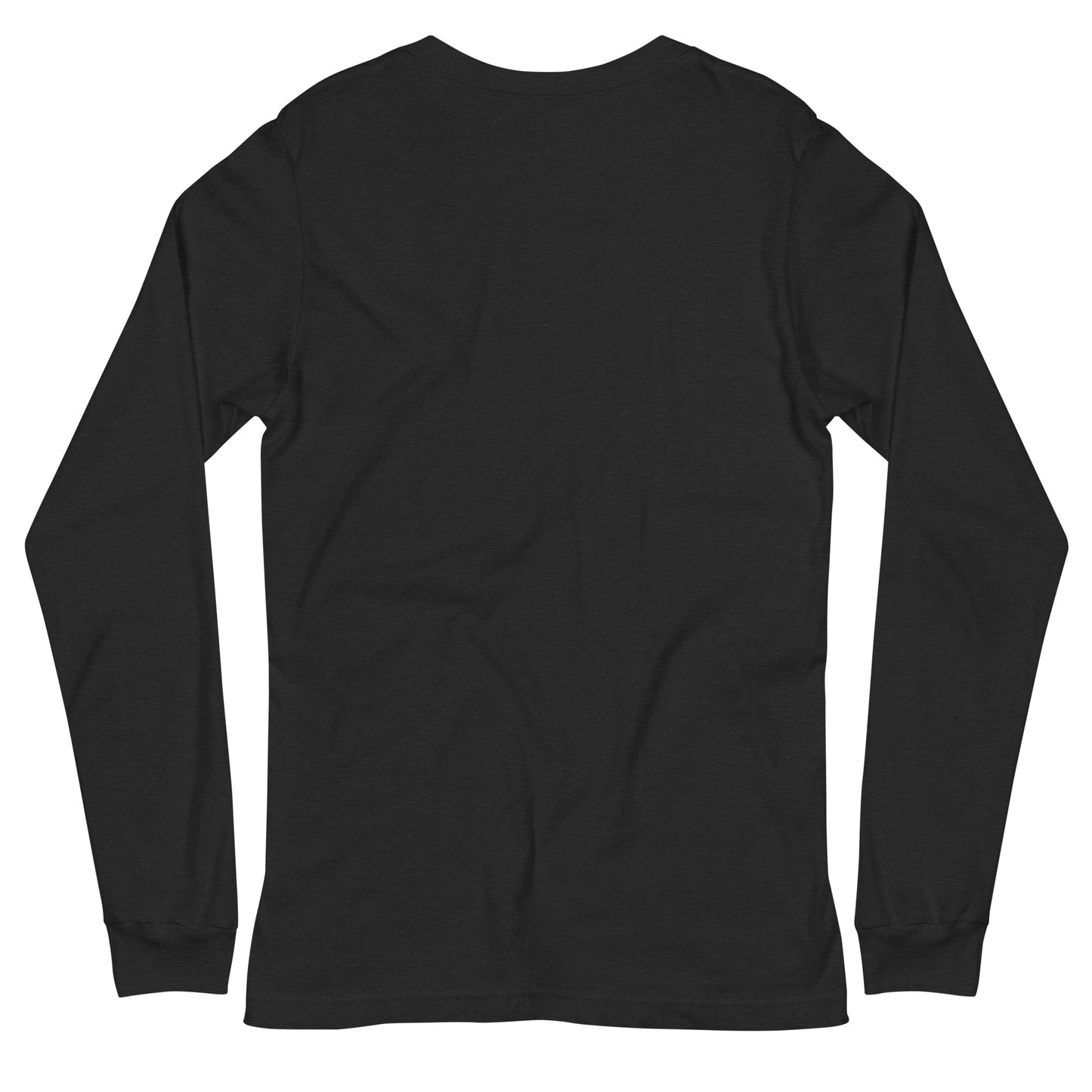 Back view of a heather black long-sleeve T-shirt with a PSC logo and the phrase ‘Steering All the Way PSC 2025’ printed across the chest in red and gold lettering. The image background behind the product is white. 