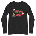 Front view of a heather black mens long-sleeve T-shirt with a PSC logo and the phrase ‘Steering All the Way PSC 2025’ printed across the chest in red and gold lettering. There is a Santa hat on the "S" in steering, bells handing off the bottom of the "S" and "g" in steering and translucent snowflakes in the background as well as "2025" right bottom corner offset.