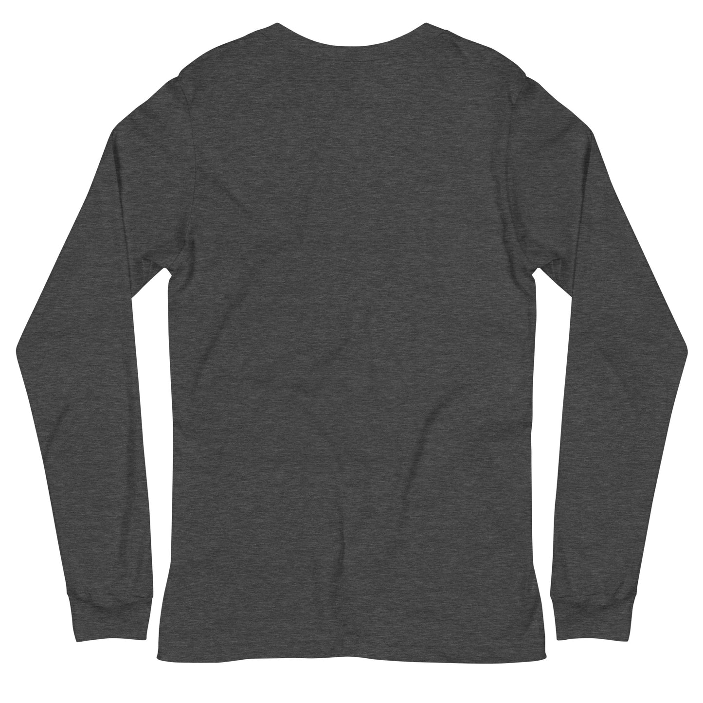 Back view of a heather dark grey long-sleeve T-shirt with a PSC logo and the phrase ‘Steering All the Way PSC 2025’ printed across the chest in red and gold lettering. The image background behind the product is white. 