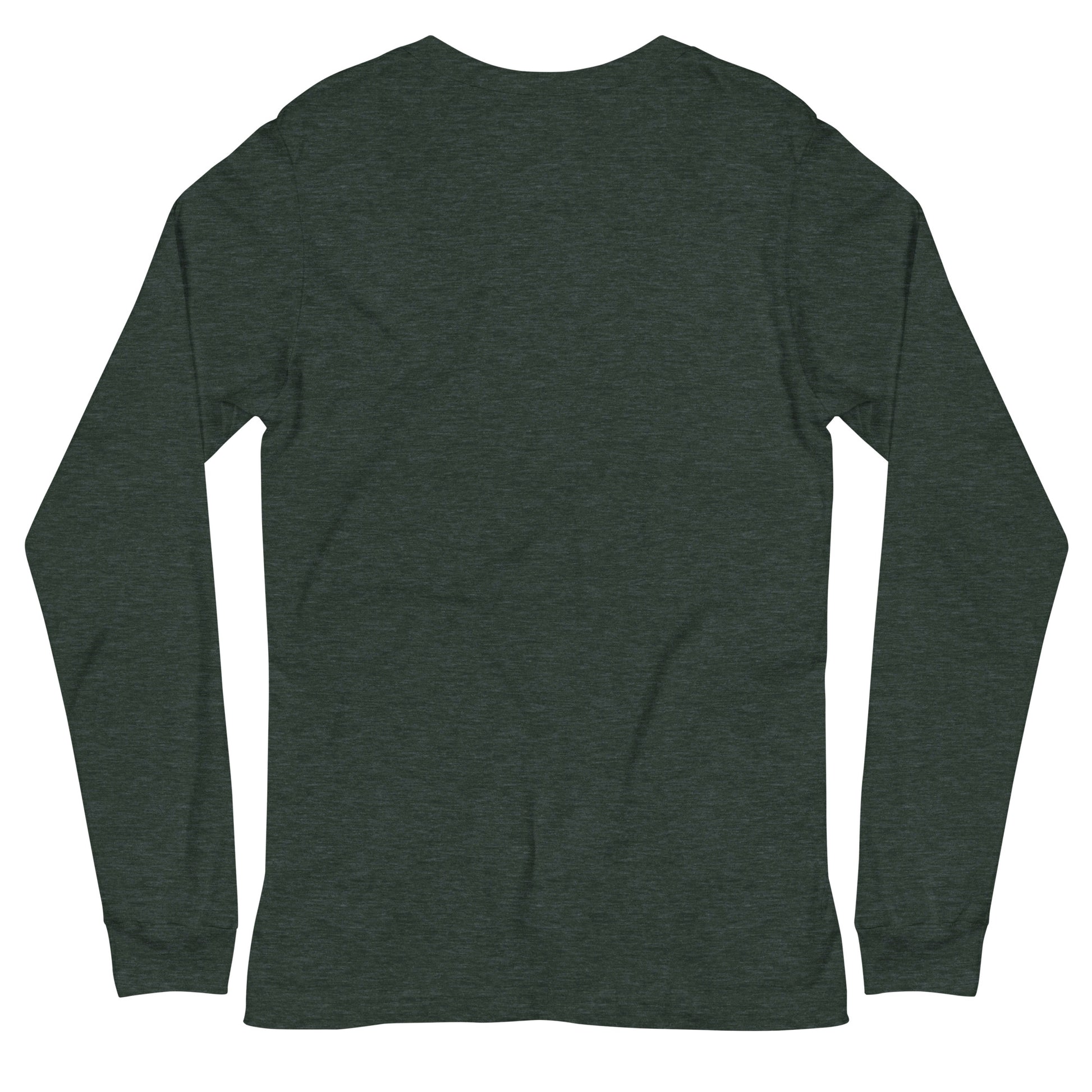 Back view of a heather forest green long-sleeve T-shirt with a PSC logo and the phrase ‘Steering All the Way PSC 2025’ printed across the chest in red and gold lettering. The image background behind the product is white. 