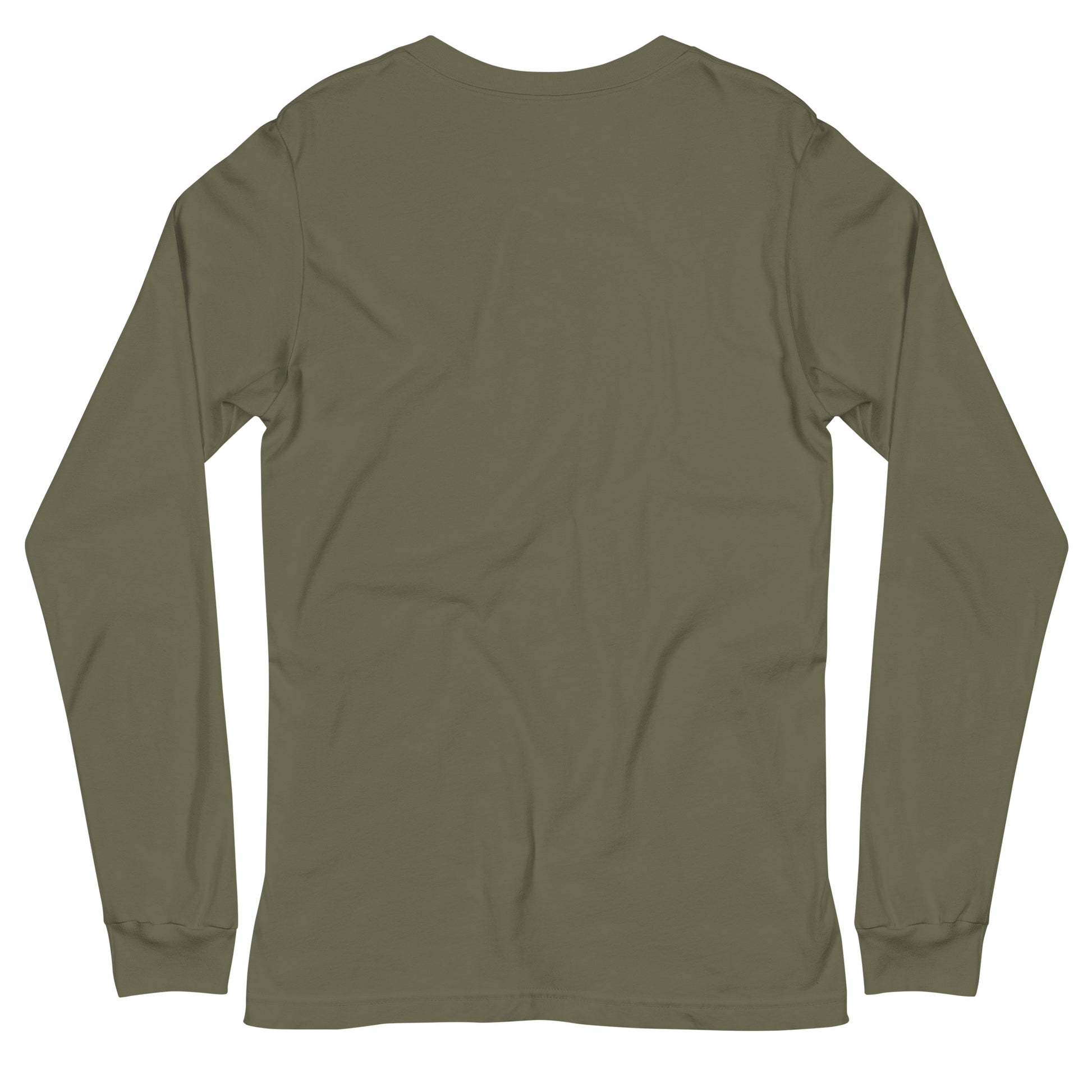 Back view of a military green long-sleeve T-shirt with a PSC logo and the phrase ‘Steering All the Way PSC 2025’ printed across the chest in red and gold lettering. The image background behind the product is white. 