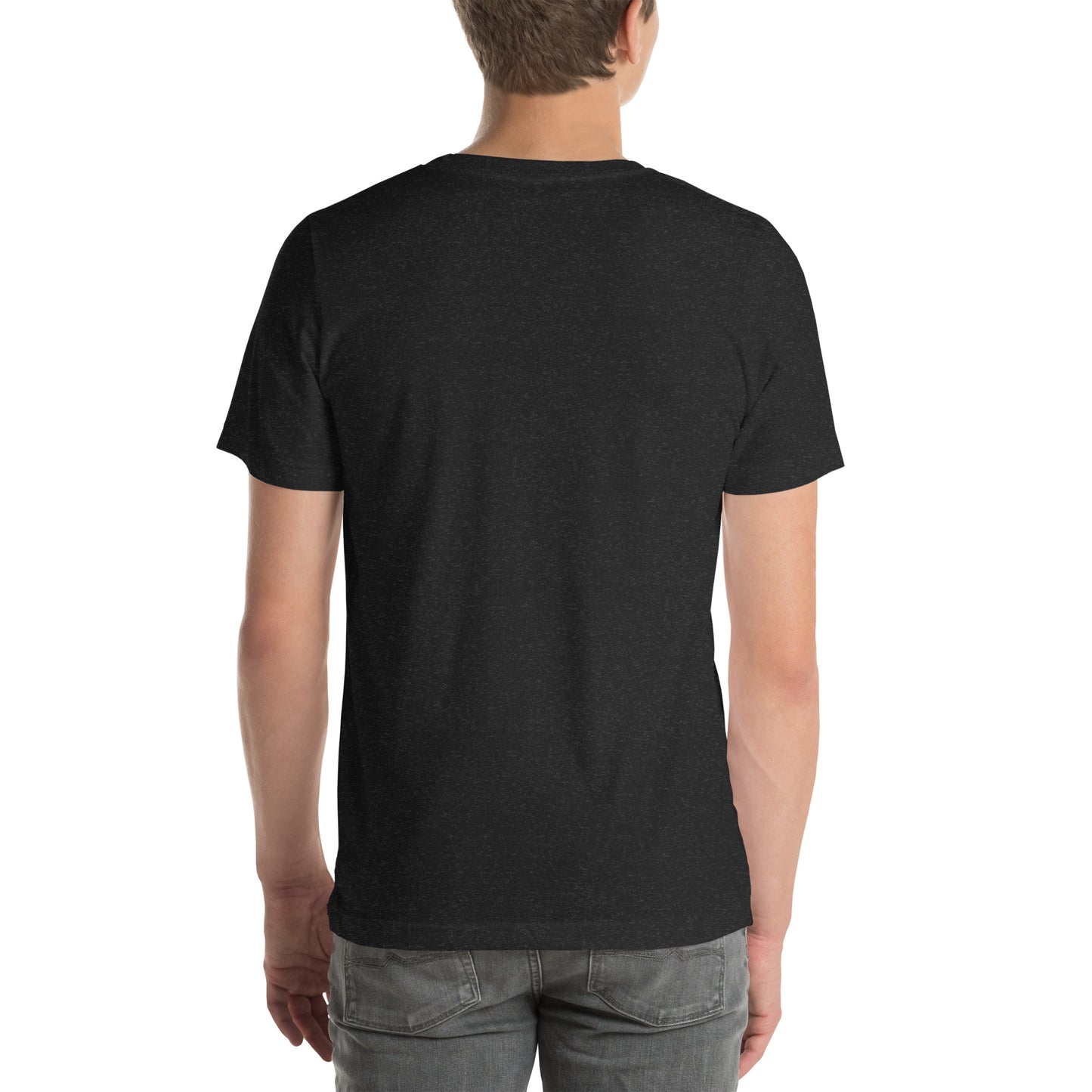 Back view of an adult model wearing a heather black short-sleeve T-shirt with a white background behind him.