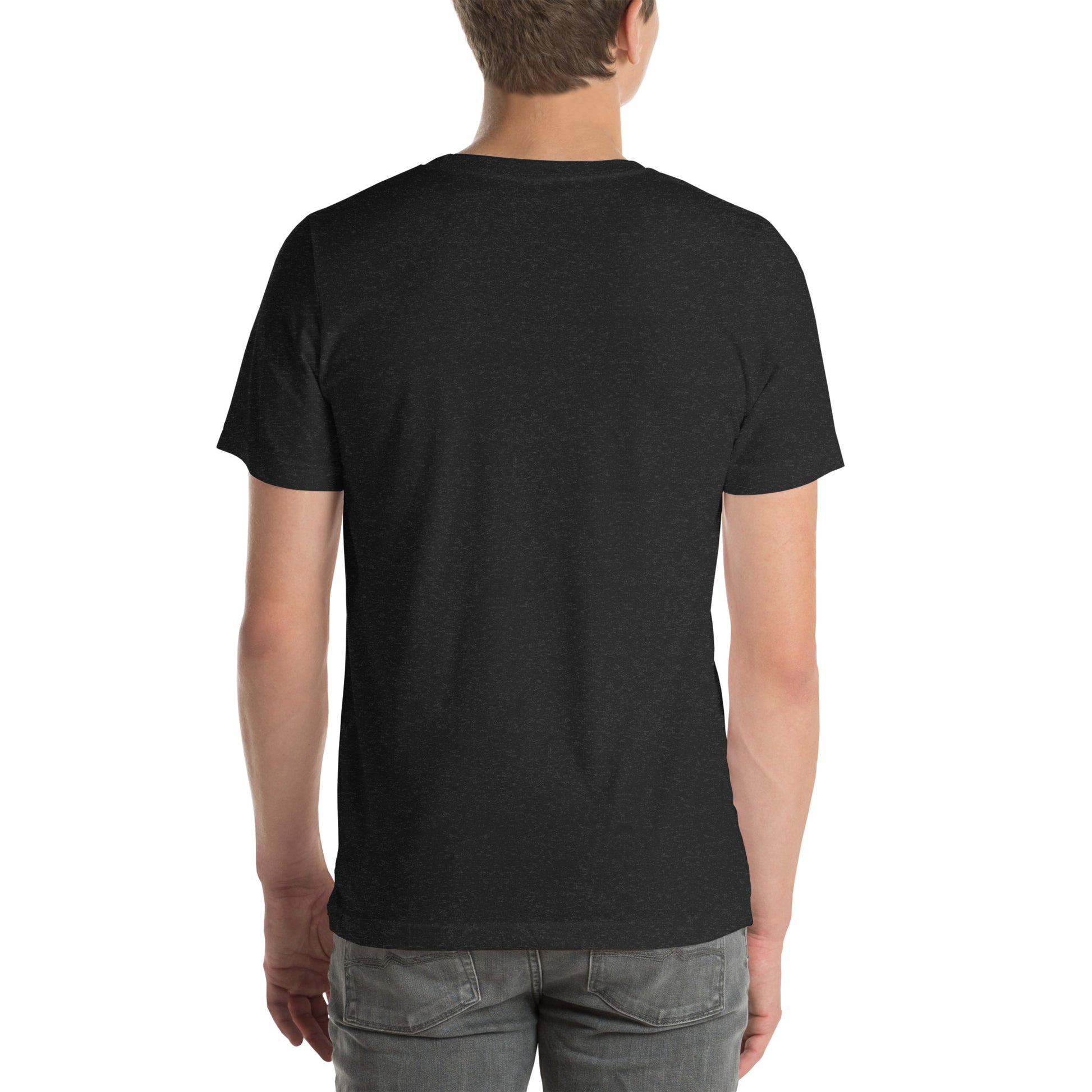Back view of an adult model wearing a heather black short-sleeve T-shirt with a white background behind him.