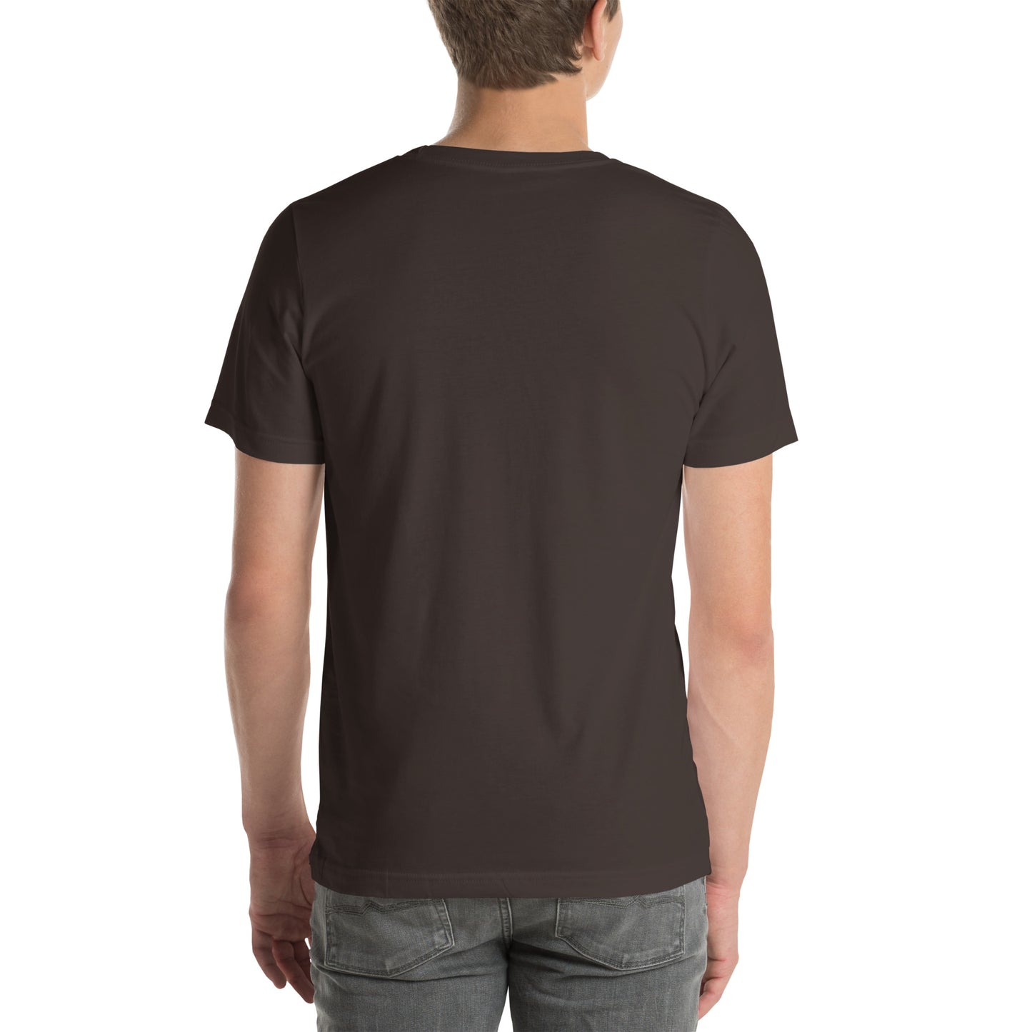 Back view of an adult model wearing a brown short-sleeve T-shirt with a white background behind him.