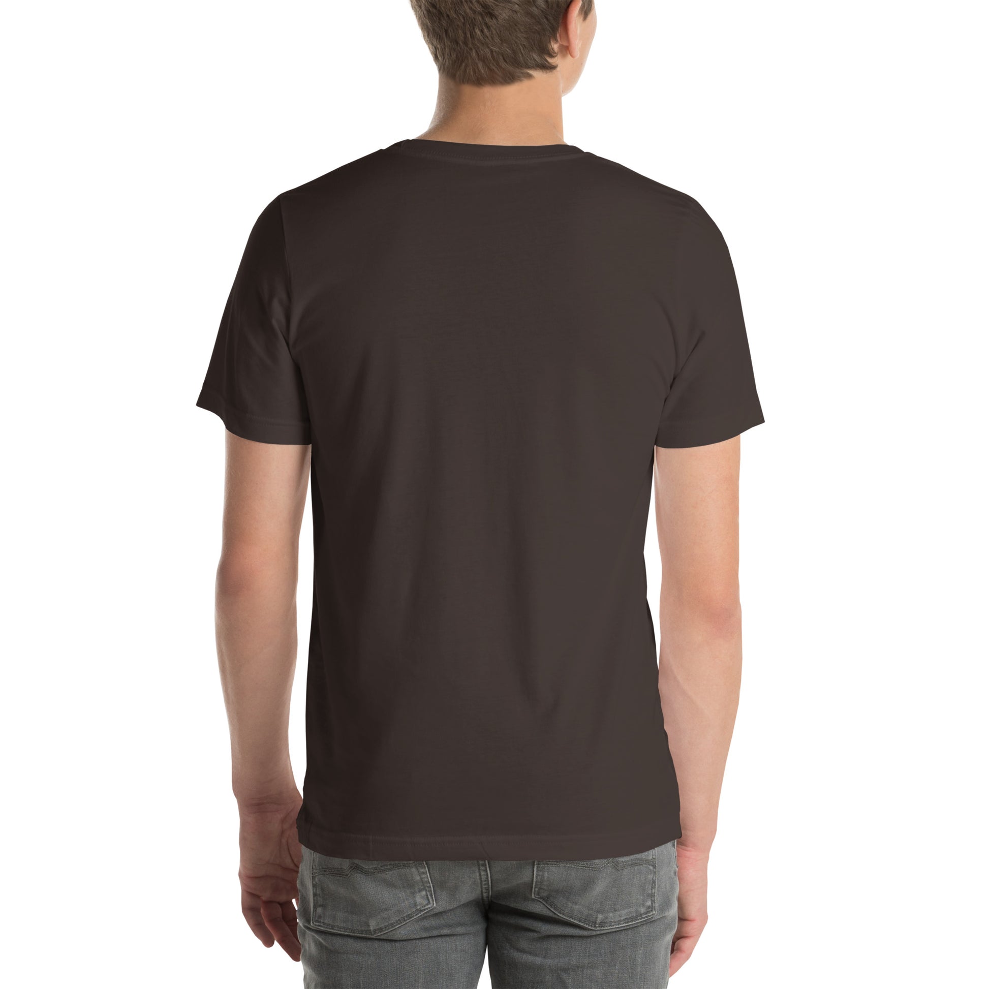 Back view of an adult model wearing a brown short-sleeve T-shirt with a white background behind him.