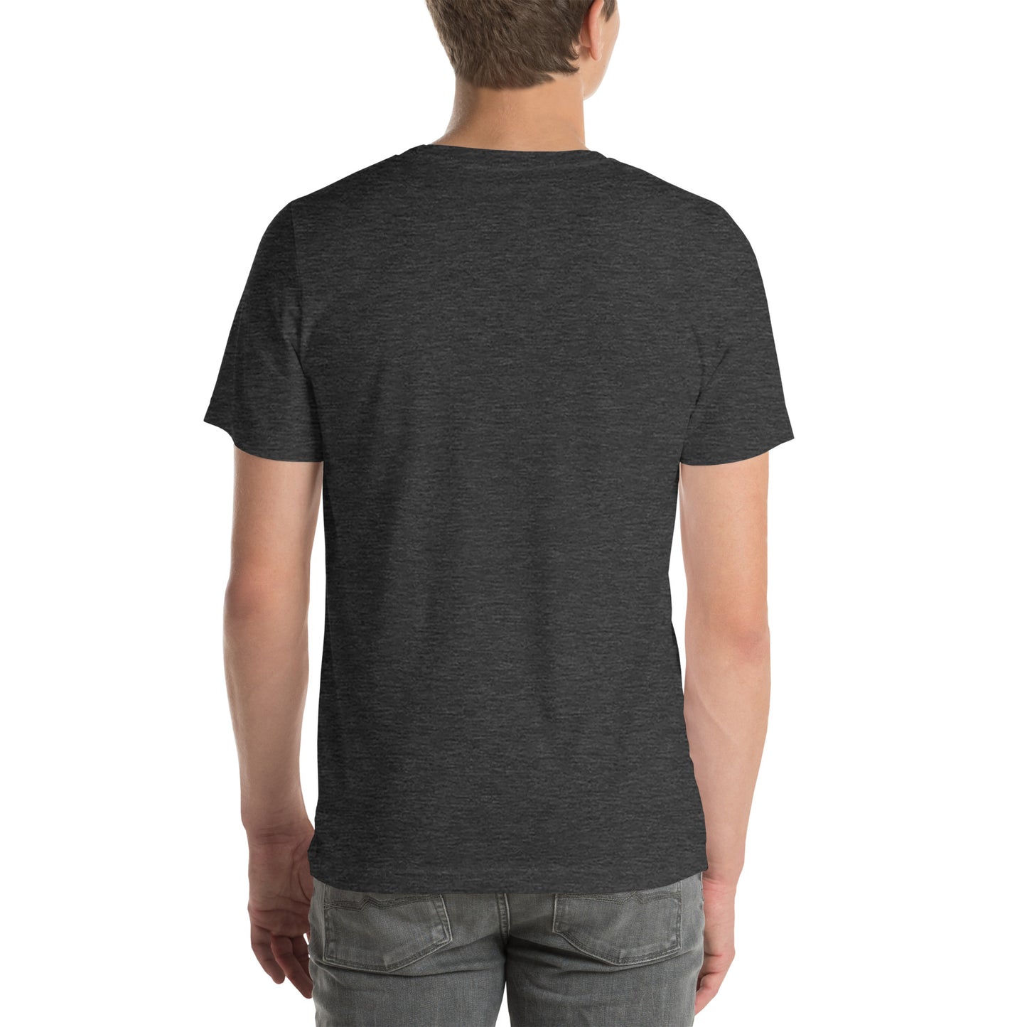 Back view of an adult model wearing a heather dark grey short-sleeve T-shirt with a white background behind him.