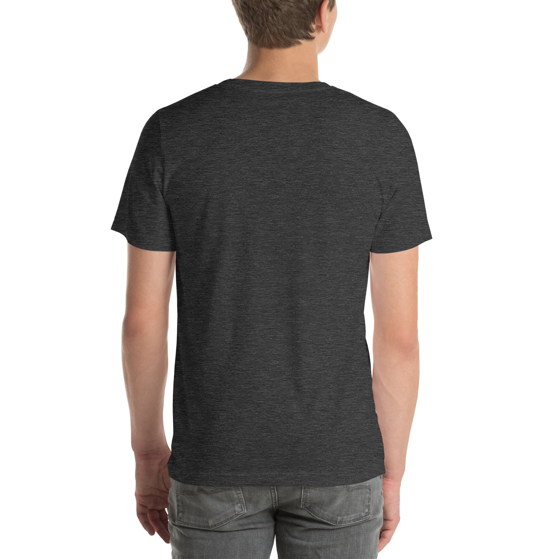 Back view of an adult model wearing a heather dark grey short-sleeve T-shirt with a white background behind him.